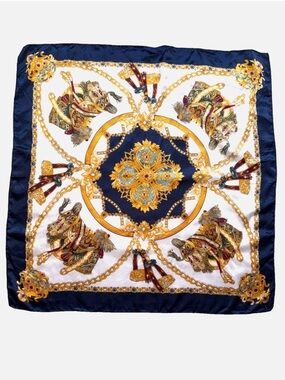 Equestrian Baroque Scarf Chain Horse Print Navy Gold Square